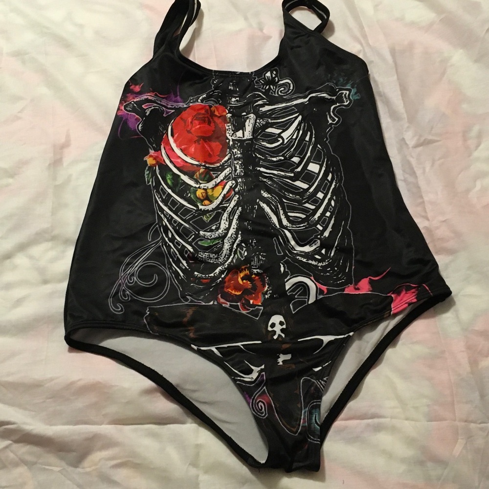 GOTH Black Floral Skeleton One-Piece Swimsuit